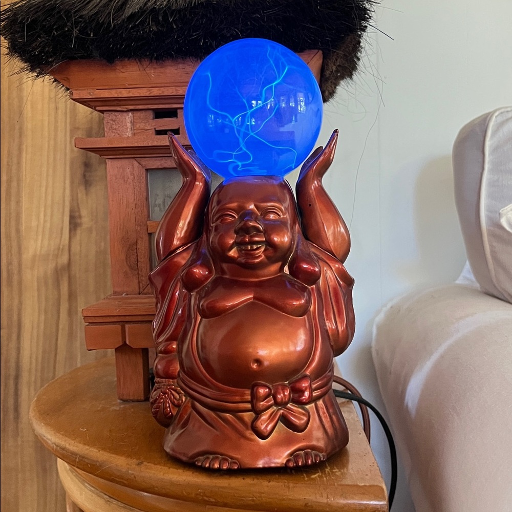 Vintage LumiSource Happy Buddha Electra Blue Plasma Ball Lamp Static Orb Works!
